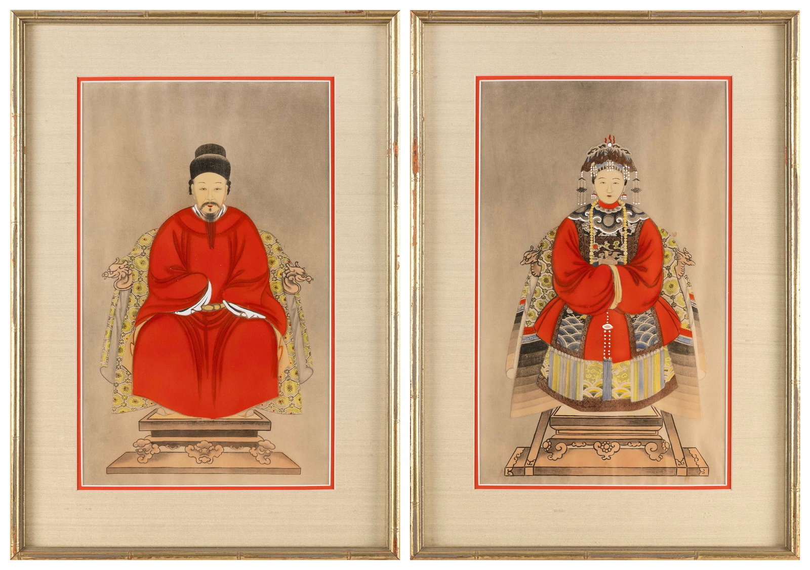 PAIR OF CHINESE ANCESTRAL PORTRAITS Late 19th/Early 20th Century Watercolor and gouache on paper,: PAIR OF CHINESE ANCESTRAL PORTRAITS Late 19th/Early 20th Century A mandarin and his wife, who is wearing a golden pheasant rank badge. Watercolor and gouache on paper, 14" x 9" sight. Framed 20" x 14"