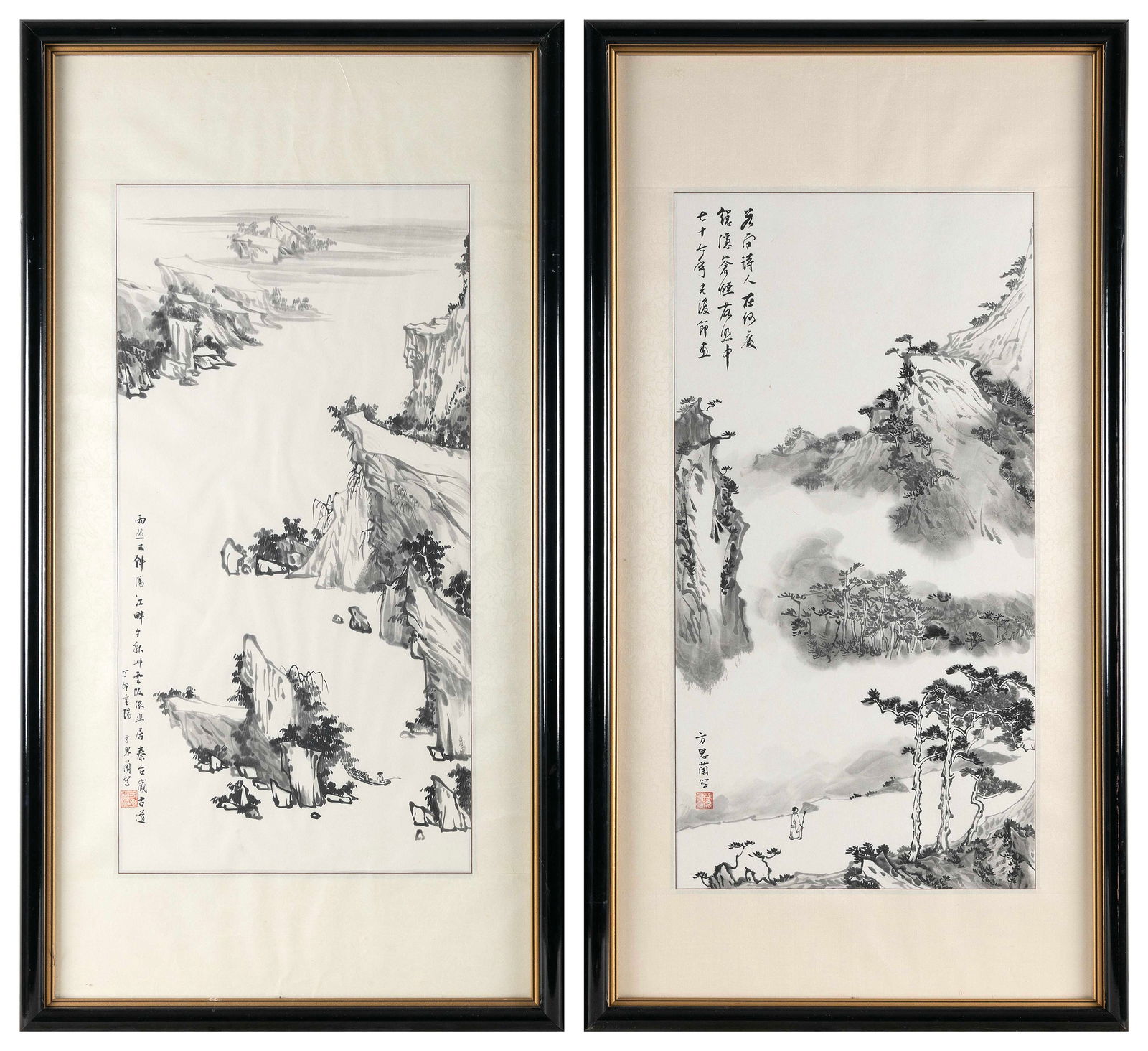 PAIR OF CHINESE BLACK AND WHITE LANDSCAPE PAINTINGS 20th Century Watercolors on paper, 26" x 13". (1 of 2)