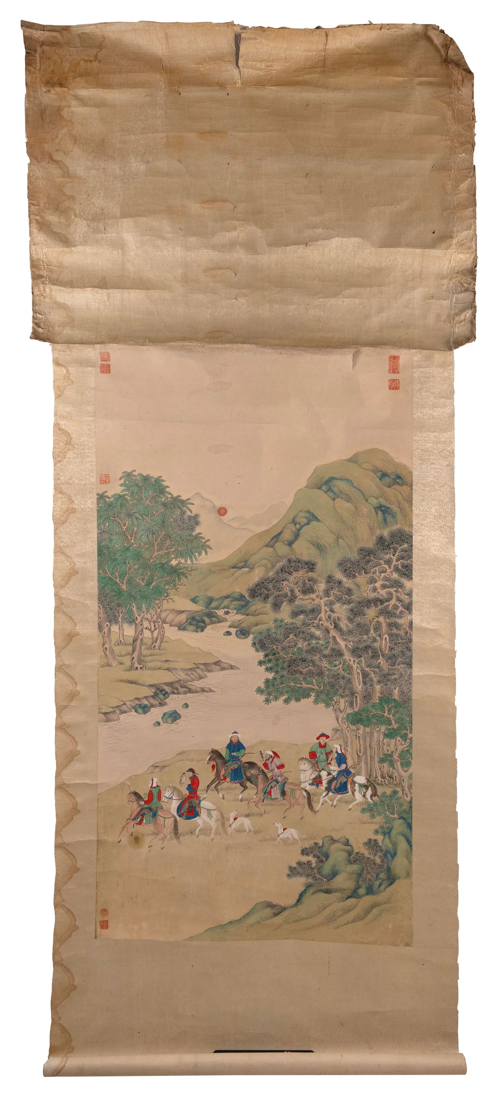 CHINESE SCROLL PAINTING OF FIGURES ON HORSEBACK HUNTING WITH FALCONS 19th Century Image approx. 60" (1 of 11)