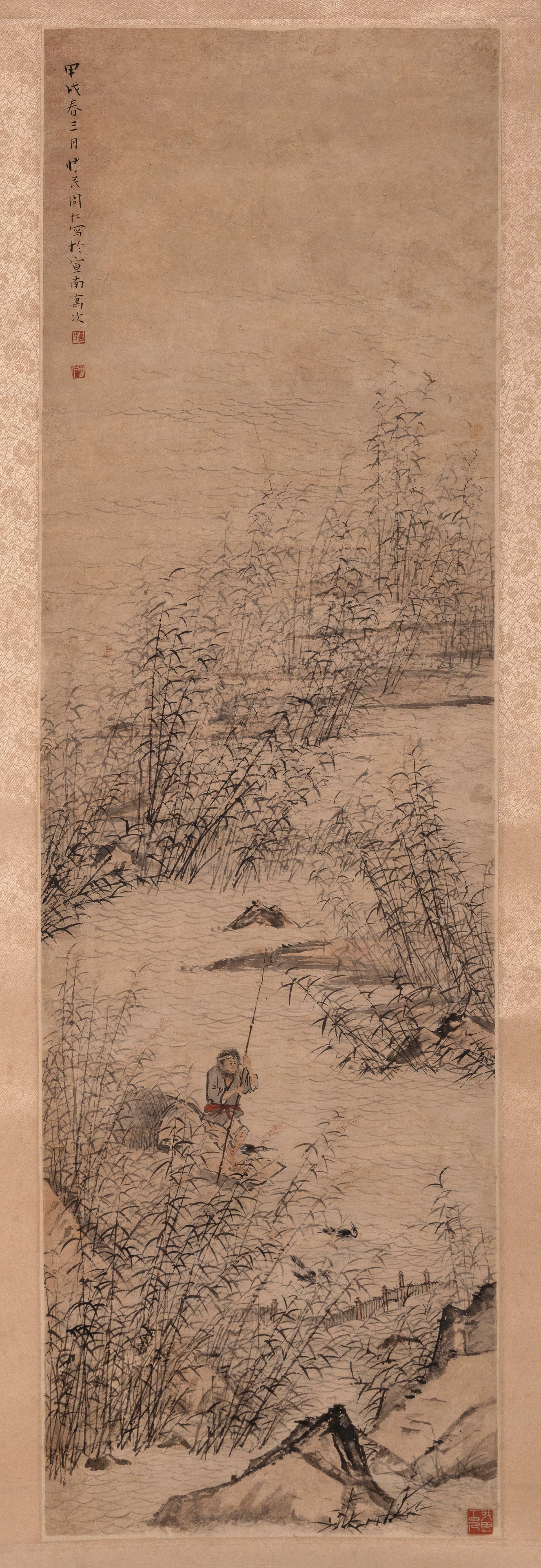 CHINESE SCROLL PAINTING OF A BOATMAN ON A RIVER Late 19th/Early 20th Century On paper, 36" x 11". (1 of 1)