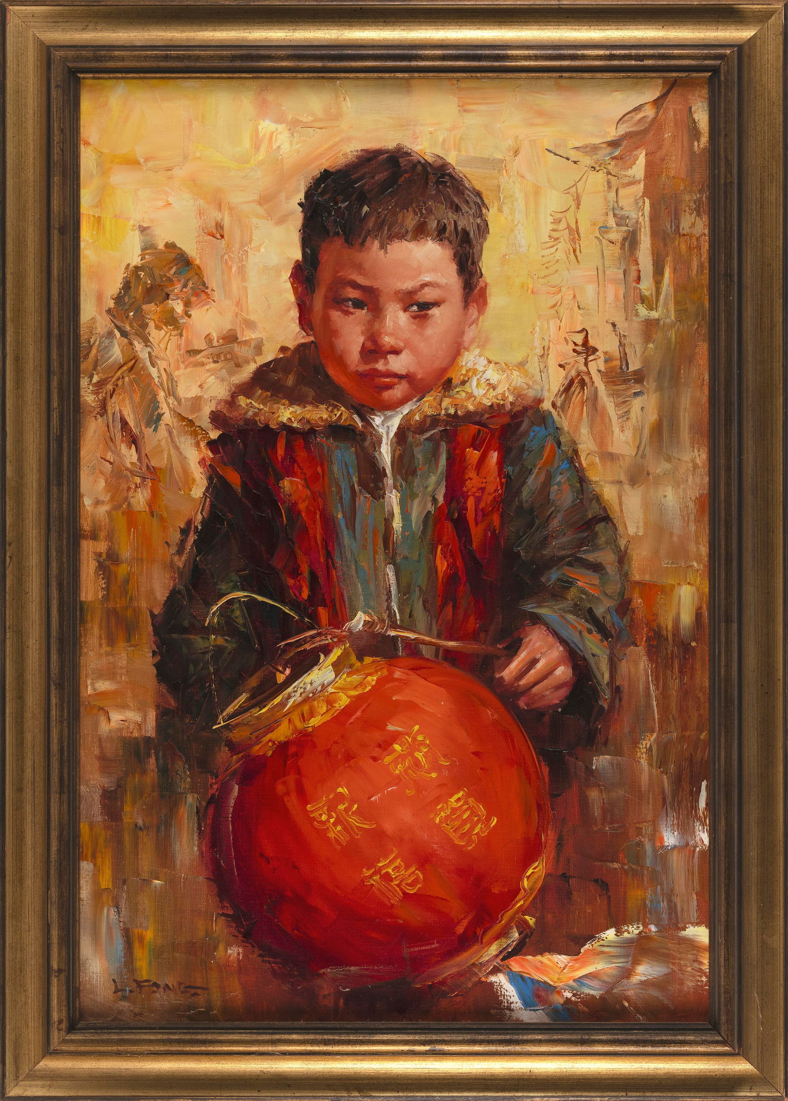 L. FONG (China, 20th Century), Young boy with a red lantern., Oil on board, 36" x 23". Framed 41.5" (1 of 2)