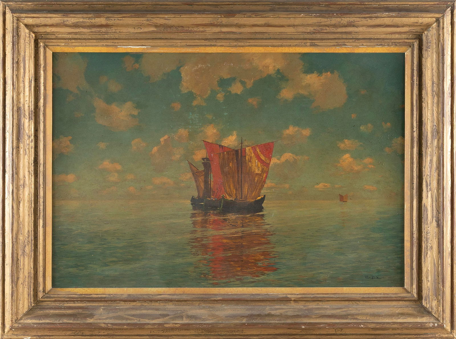 WILLY SEILER (Germany, 1903-1985), Figures in two boats in open water., Oil on board, 24" x 36". (1 of 2)