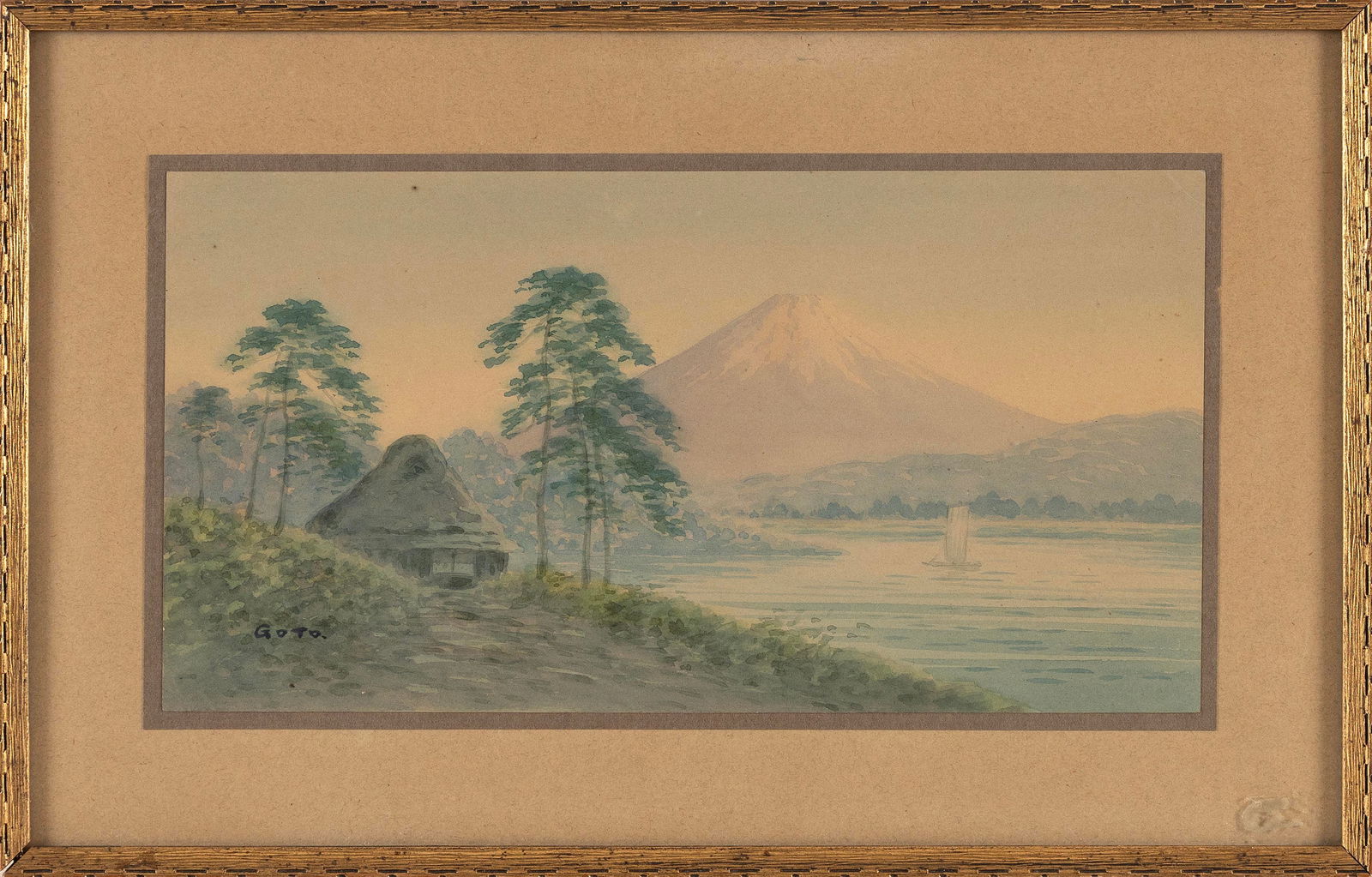 WESTERN SCHOOL (Japan, 20th Century), House on a river overlooking Mount Fuji., Watercolor on paper, (1 of 2)