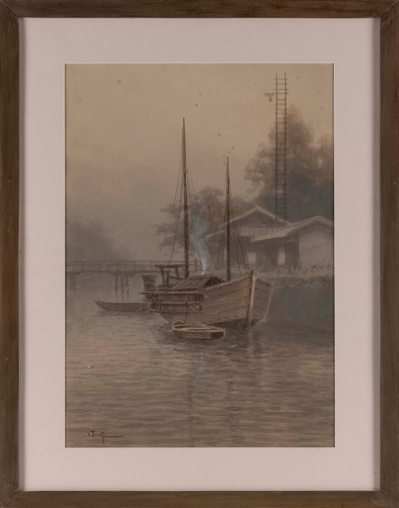 S. TOSUKE (Japan, Active 1910-1930), Fishing boat moored in a harbor., Watercolor on paper, 19" x: S. TOSUKE Japan, Active 1910-1930 Fishing boat moored in a harbor. Signed lower left "S. Tosuke". Watercolor on paper, 19" x 13" sight. Framed 25" x 19".