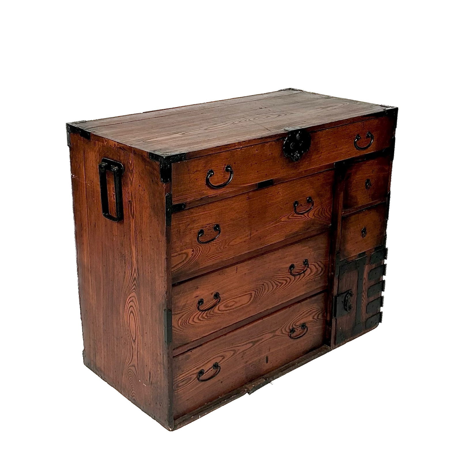 JAPANESE ZELKOVA WOOD TANSU Meiji Period Height 34". Width 40". Depth 20". (1 of 2)