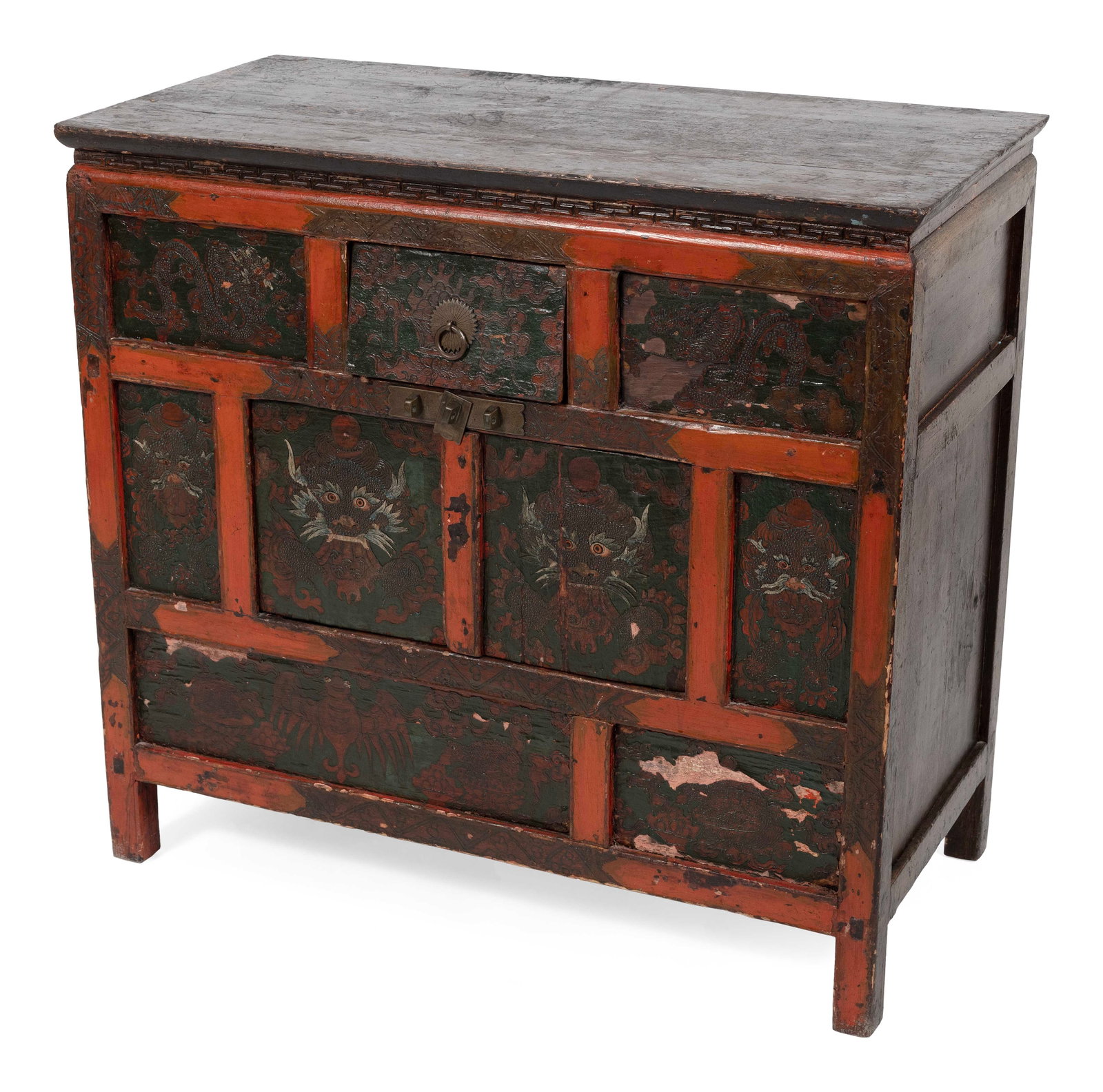 SOUTHEAST ASIAN CABINET 20th Century Height 31". Width 34". Depth 16.5".: SOUTHEAST ASIAN CABINET 20th Century With painted decoration of dragons. Height 31". Width 34". Depth 16.5".