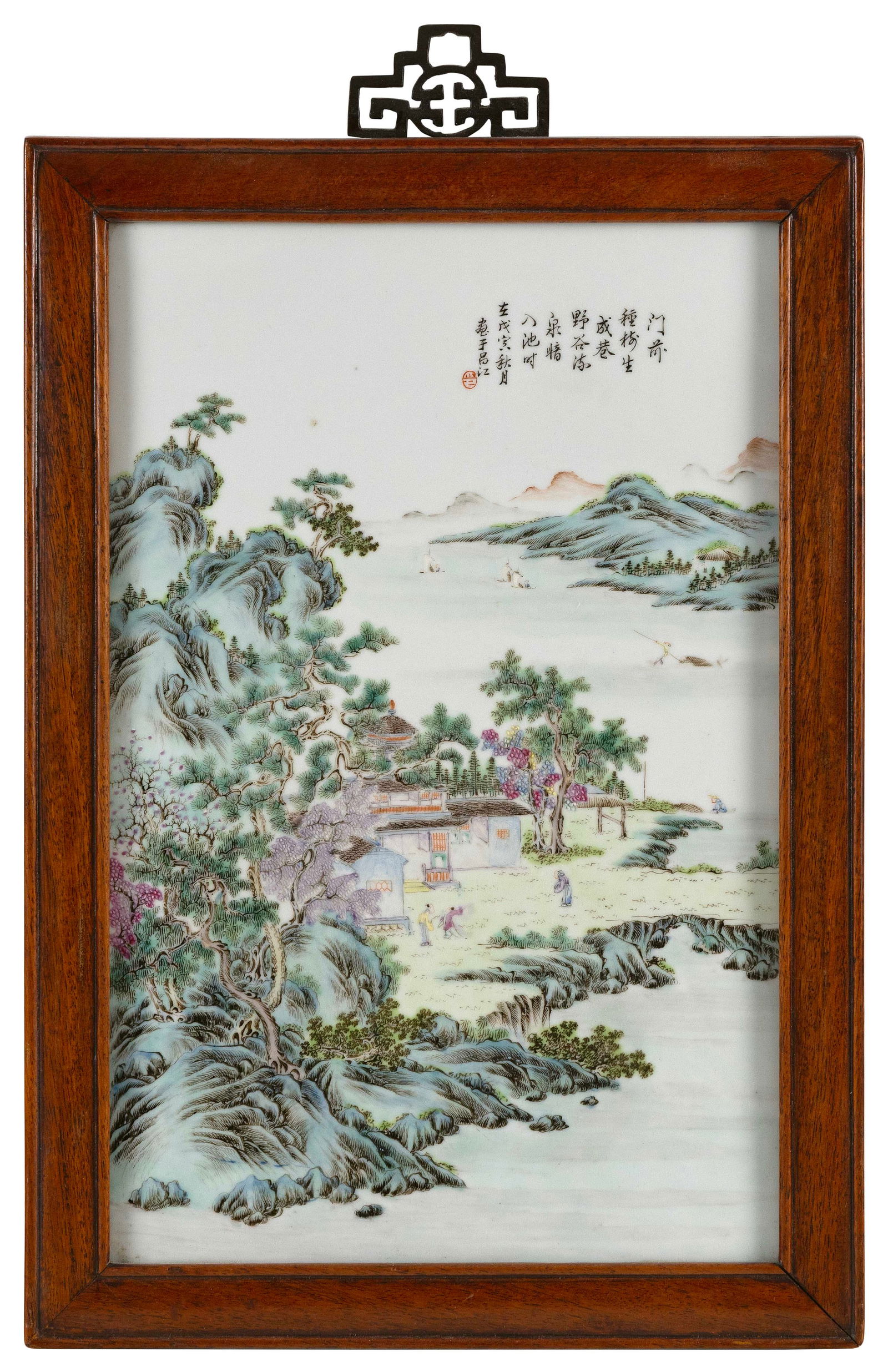 CHINESE FAMILLE ROSE PORCELAIN TILE PAINTING Late 19th/Early 20th Century 14.5" x 9.5" sight. Framed (1 of 12)