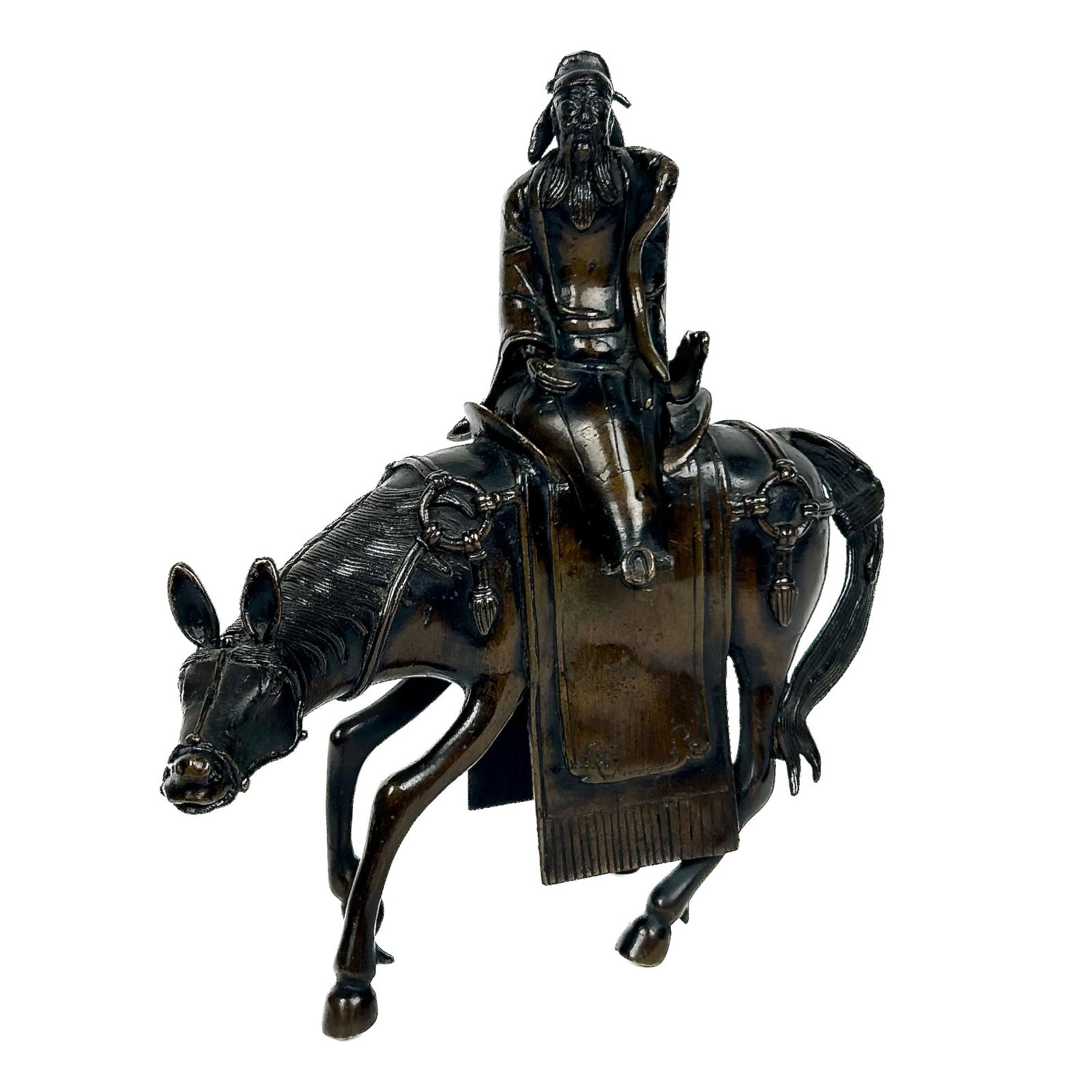 CHINESE BRONZE INCENSE BURNER 19th Century Height 8.75". Length 8.5".: CHINESE BRONZE INCENSE BURNER 19th Century In the form of a wise man on a horse. Unmarked. Height 8.75". Length 8.5".