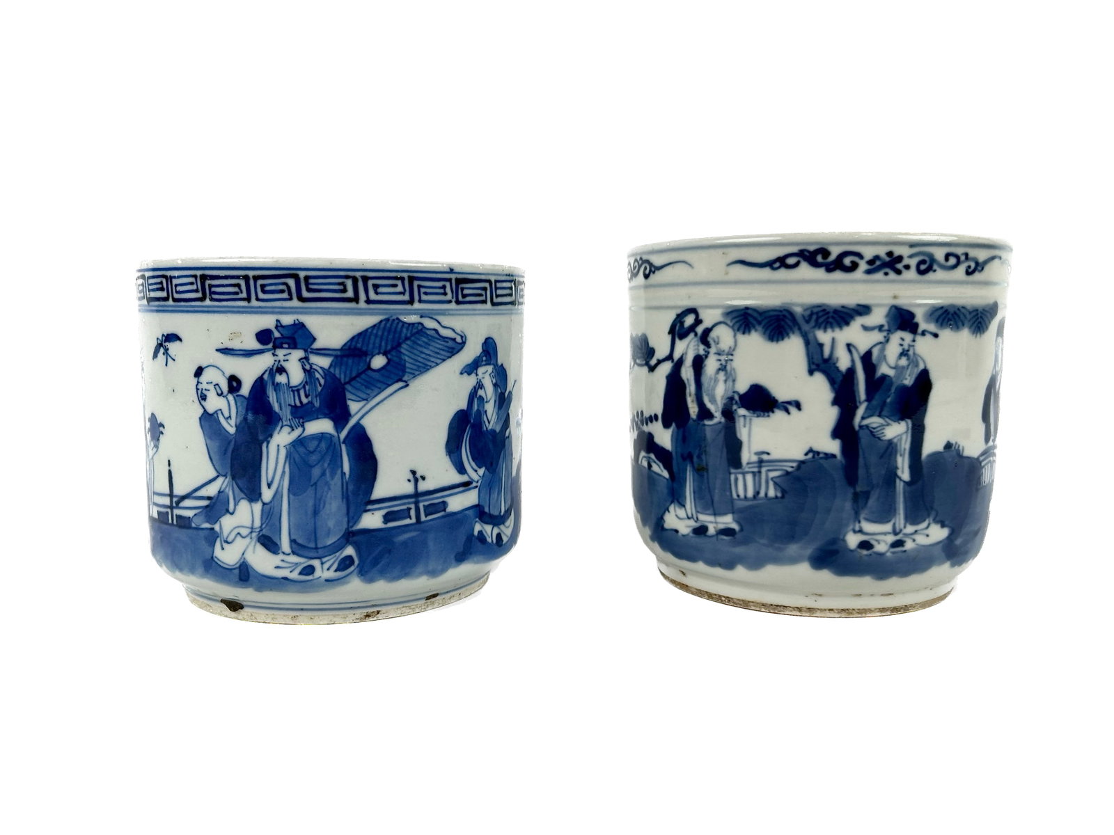 PAIR OF CHINESE BLUE AND WHITE PORCELAIN INCENSE BURNERS Late 19th Century Heights 4.5". Diameters: PAIR OF CHINESE BLUE AND WHITE PORCELAIN INCENSE BURNERS Late 19th Century Traditional decoration of various deities in a landscape. Heights 4.5". Diameters 5".