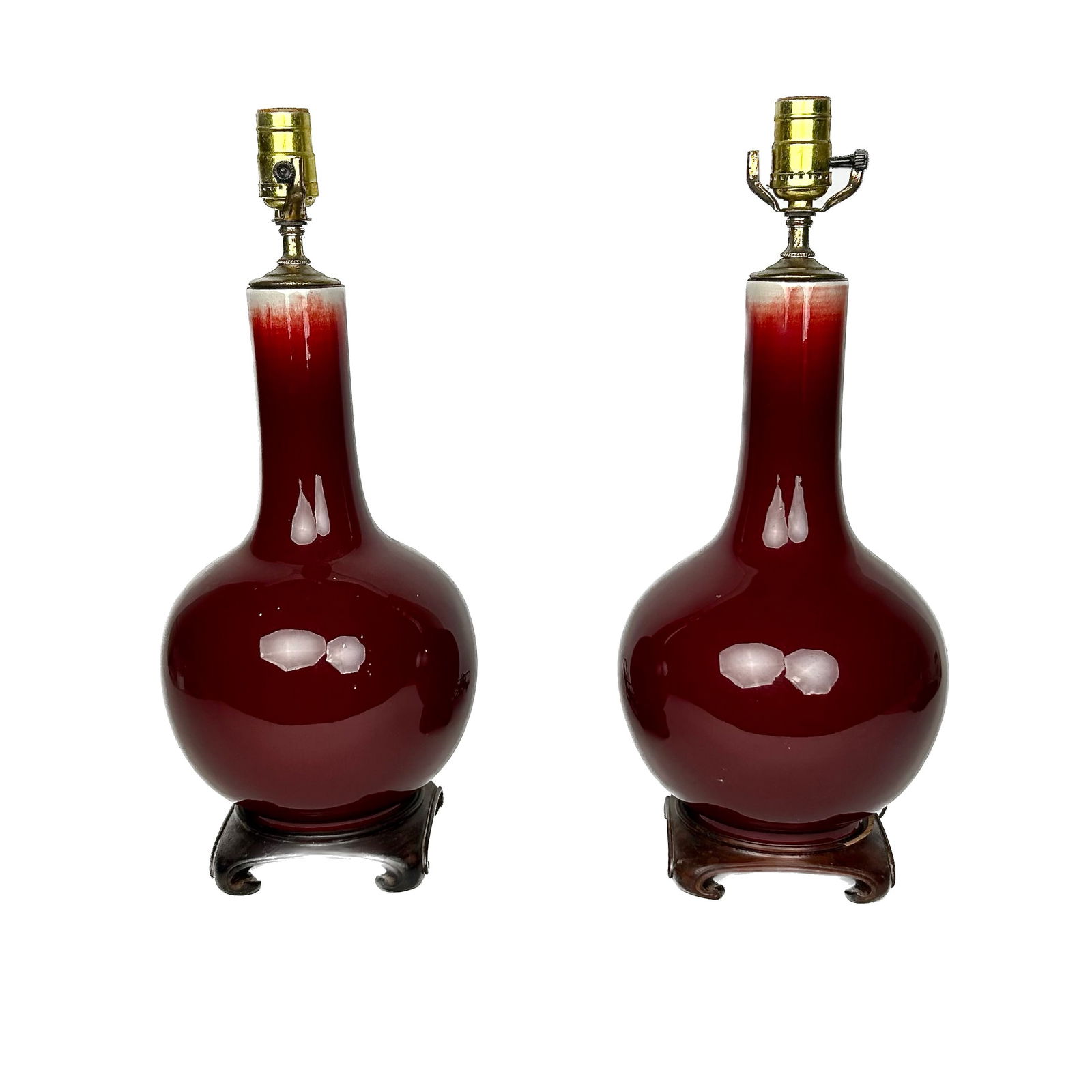 PAIR OF CHINESE SANG DE BOEUF PORCELAIN BOTTLE VASES MOUNTED AS TABLE LAMPS 19th Century Vase (1 of 3)