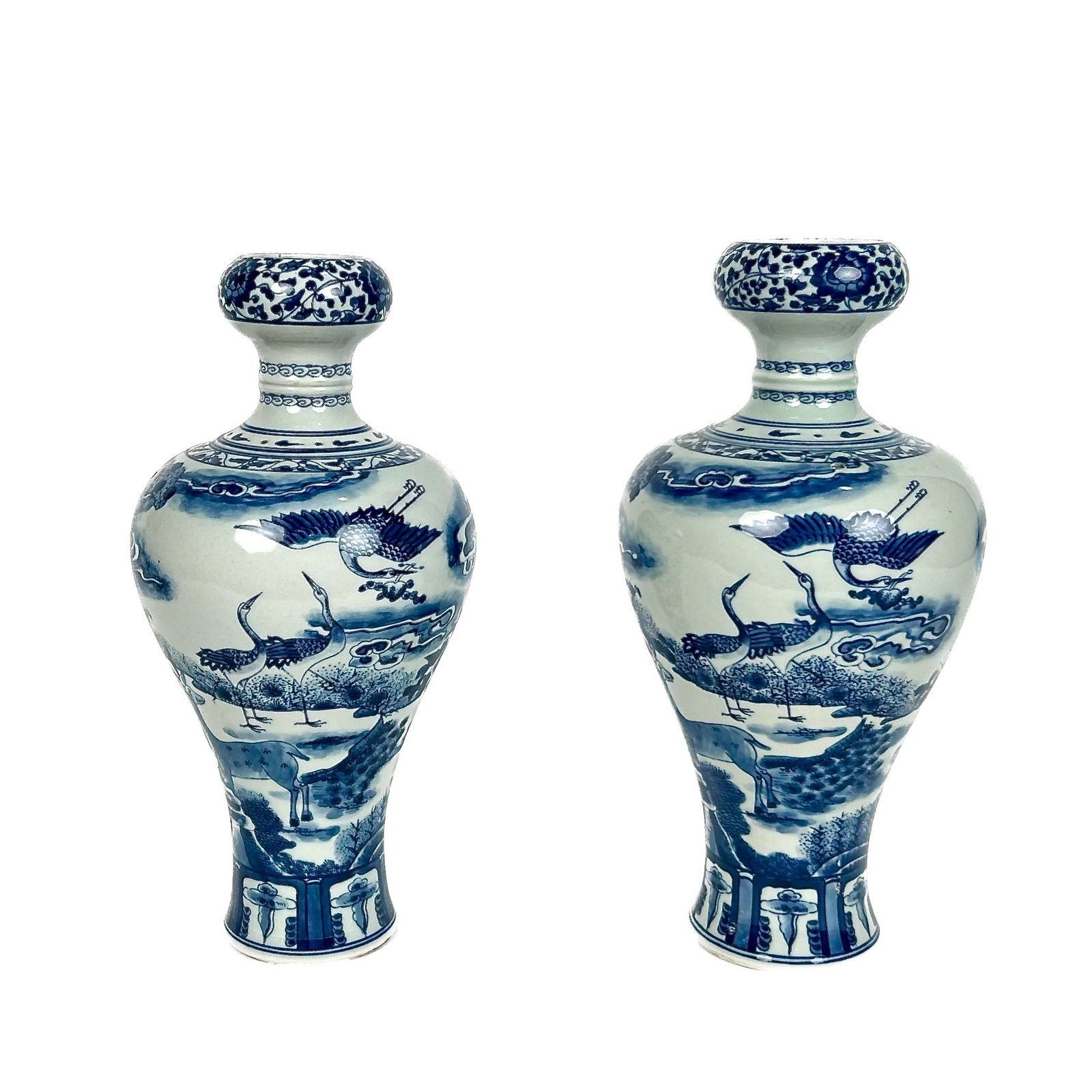 PAIR OF CHINESE BLUE AND WHITE PORCELAIN MEIPING VASES 20th Century Heights 11".: PAIR OF CHINESE BLUE AND WHITE PORCELAIN MEIPING VASES 20th Century With garlic bulb-form mouths. Decoration of crane and deer in a landscape. Six-character Qianlong mark on bases. Heights 11".