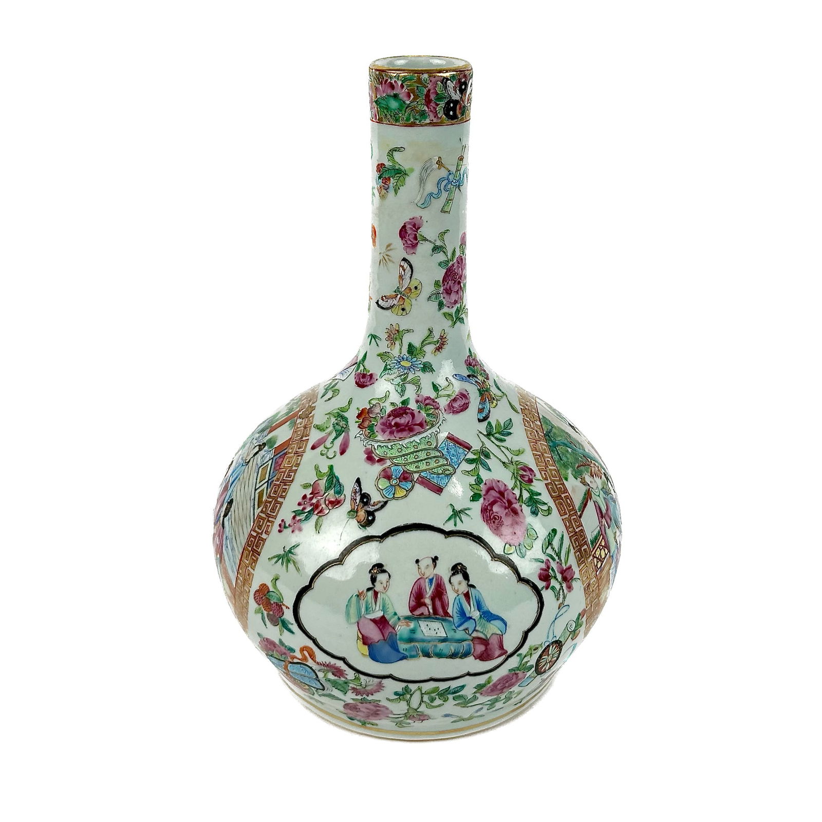 CHINESE EXPORT FAMILLE ROSE PORCELAIN BOTTLE VASE 19th Century Height 13". (1 of 9)