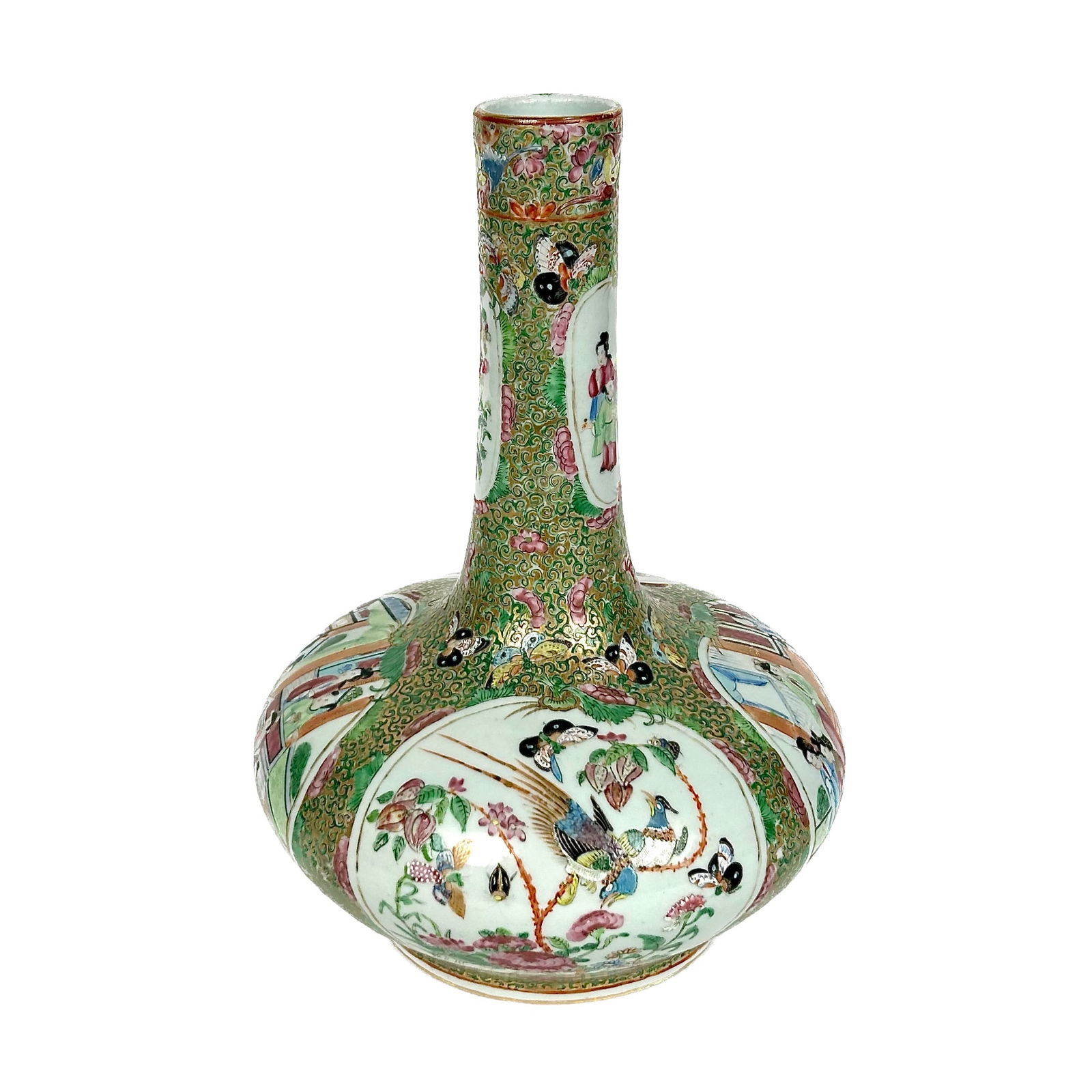 CHINESE EXPORT ROSE MEDALLION PORCELAIN BOTTLE VASE 19th Century Height 12". (1 of 8)