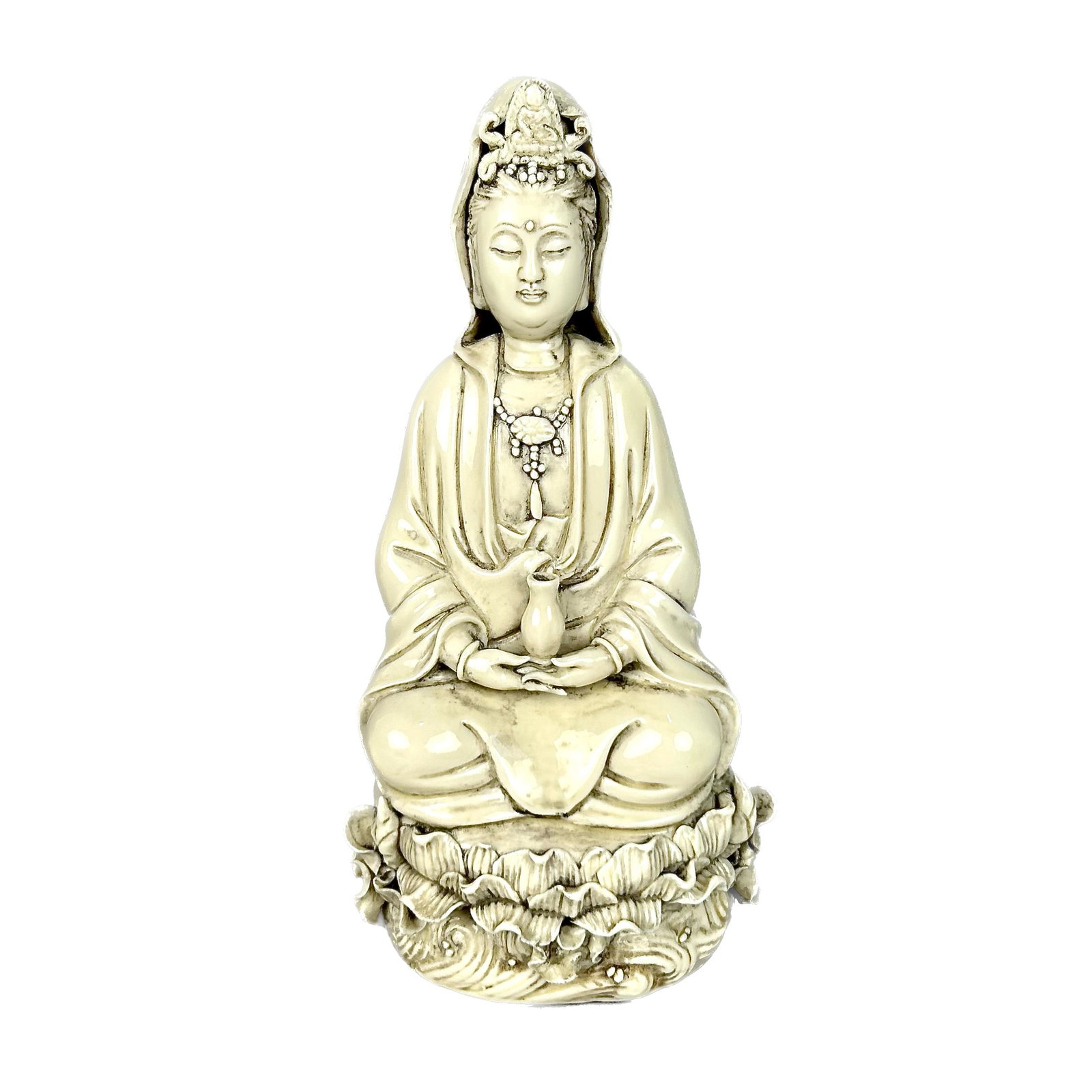 CHINESE BLANC DE CHINE PORCELAIN FIGURE OF GUANYIN 19th Century Height 10.25".: CHINESE BLANC DE CHINE PORCELAIN FIGURE OF GUANYIN 19th Century Seated on a lotus throne, holding a ewer in her open palms. Impressed gourd stamp over a four-character seal on the reverse. Height 10.2