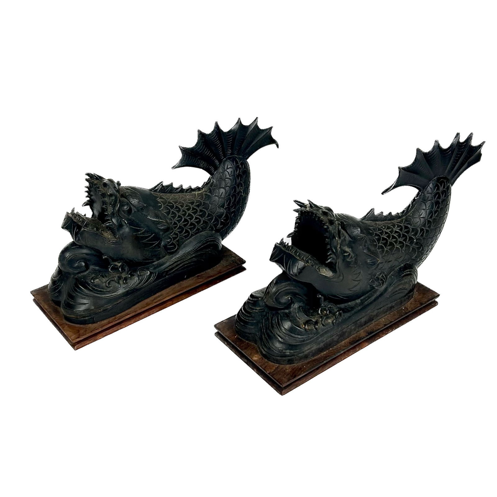 PAIR OF JAPANESE BRONZE FIGURES OF FISH Meiji Period Heights 8.5". Widths 15". Depths 5.5". (1 of 4)