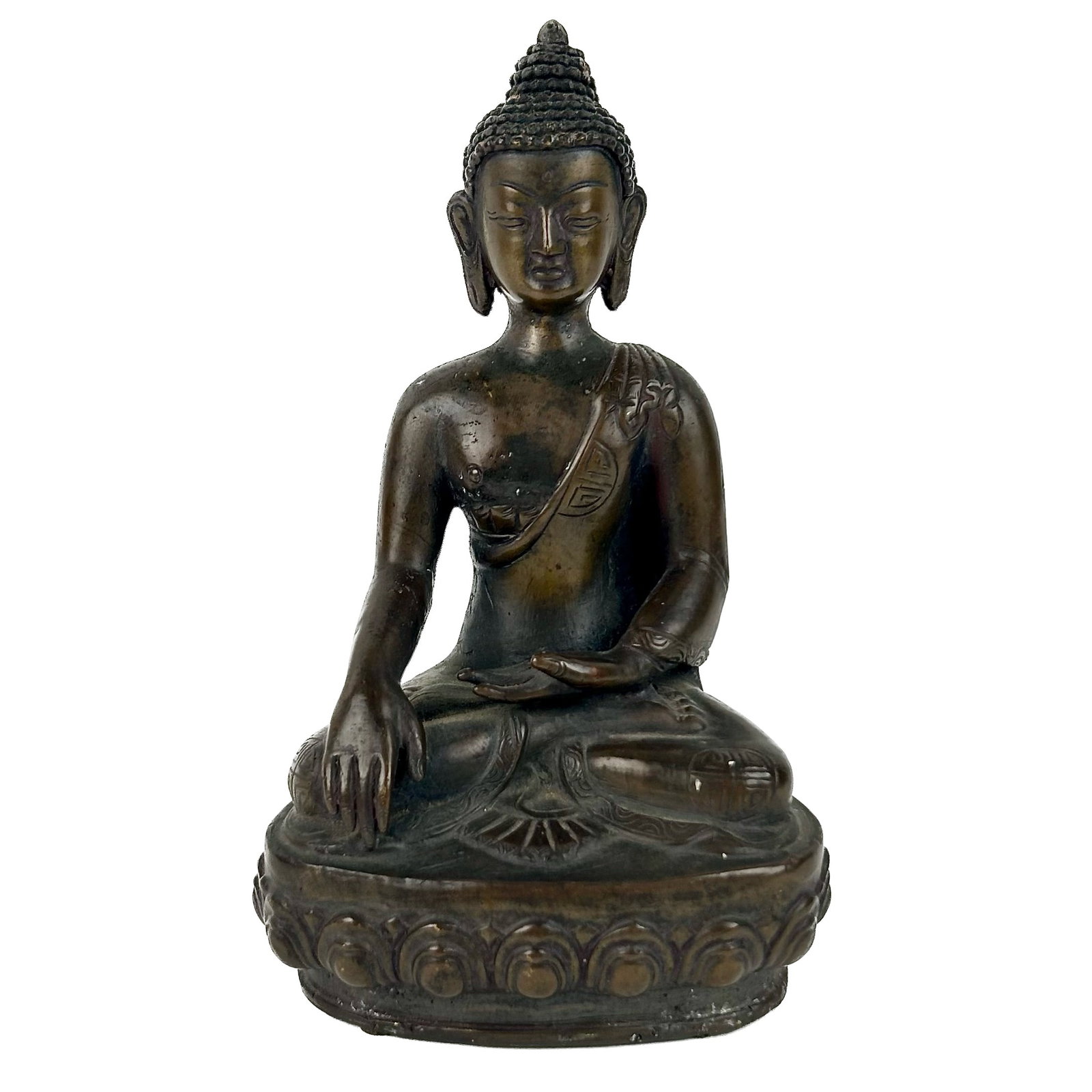 TIBETAN BRONZE FIGURE OF BUDDHA Late 19th Century Height 9".: TIBETAN BRONZE FIGURE OF BUDDHA Late 19th Century Seated in earth-touching posture on a lotus base. No base plate. Height 9".