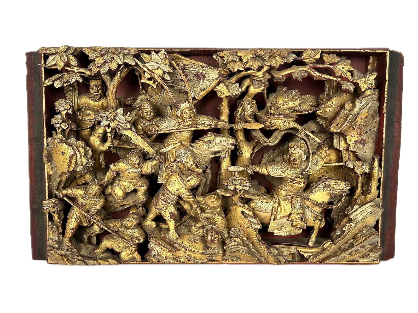CHINESE CARVED GILT ON RED LACQUERED WOOD PANEL 19th/20th Century Height 13". Width 23". Depth 4". (1 of 2)