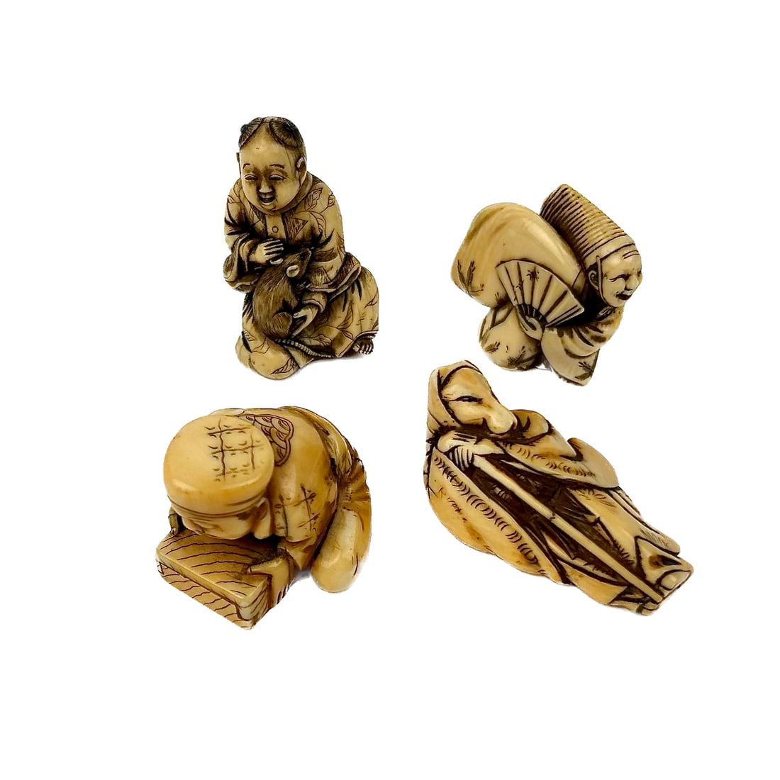 FOUR CARVED IVORY FIGURAL NETSUKE 19th Century (1 of 20)