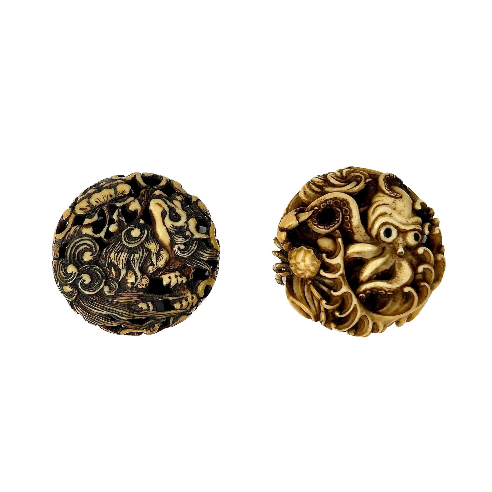 TWO JAPANESE OPEN-CARVED IVORY MANJU NETSUKE 19th Century Diameters 2". (1 of 5)