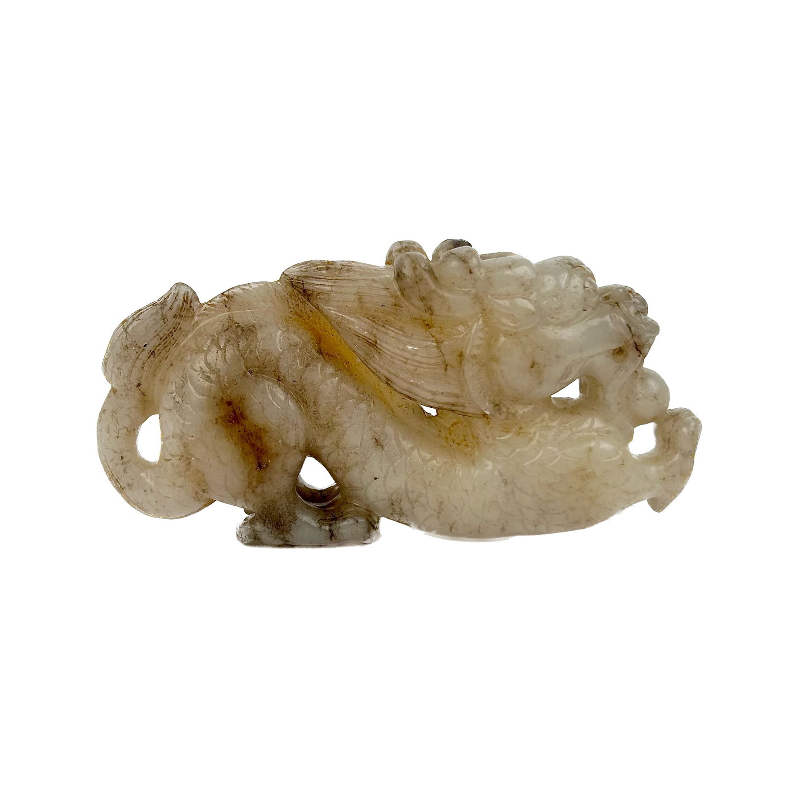CHINESE CARVED CHICKEN BONE JADE DRAGON WITH PEARL Late 19th/Early 20th Century Length 4.75".: CHINESE CARVED CHICKEN BONE JADE DRAGON WITH PEARL Late 19th/Early 20th Century Length 4.75".