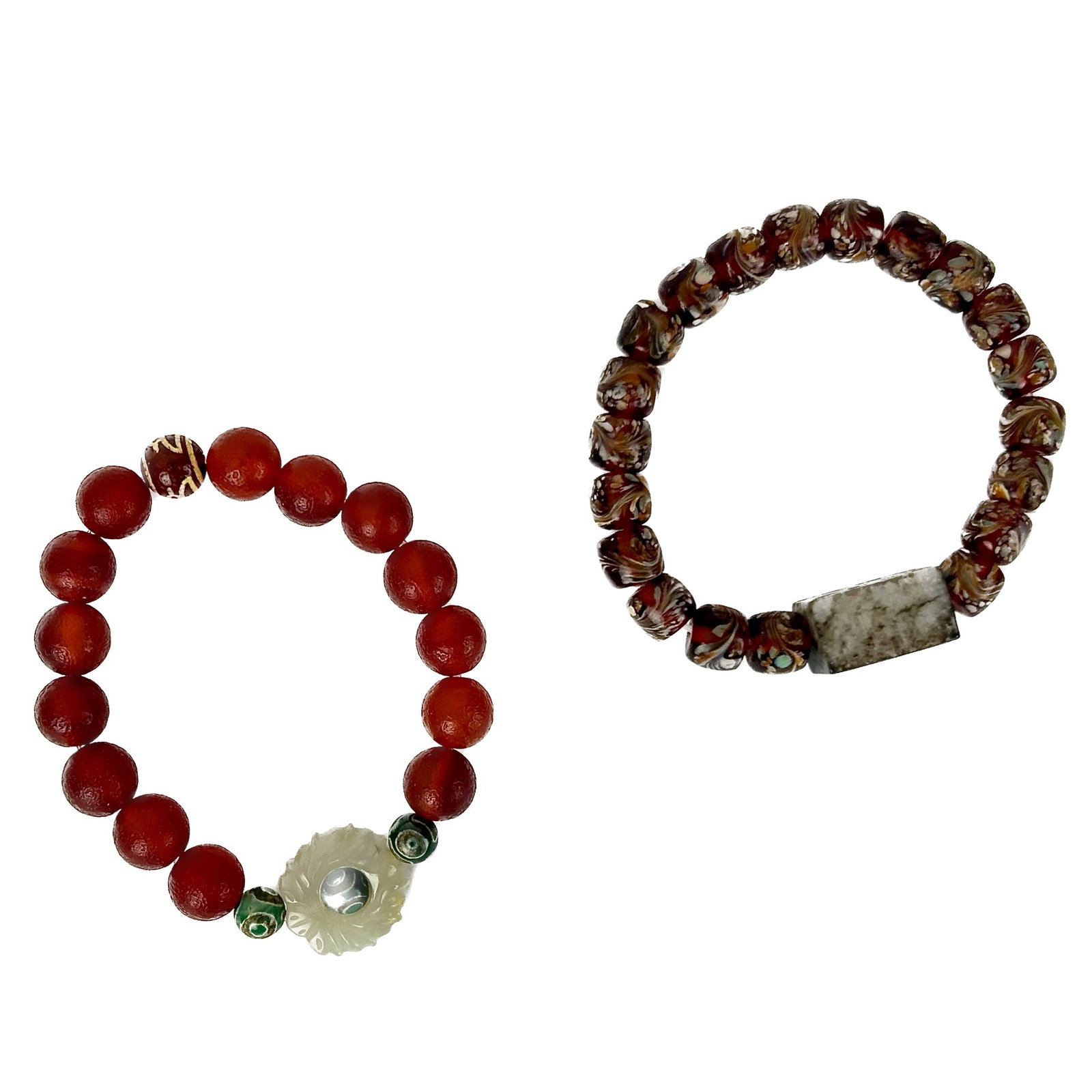 TWO CHINESE AGATE AND HARDSTONE BEAD BRACELETS 20th Century Diameters 3.5" and 3.75". (1 of 10)