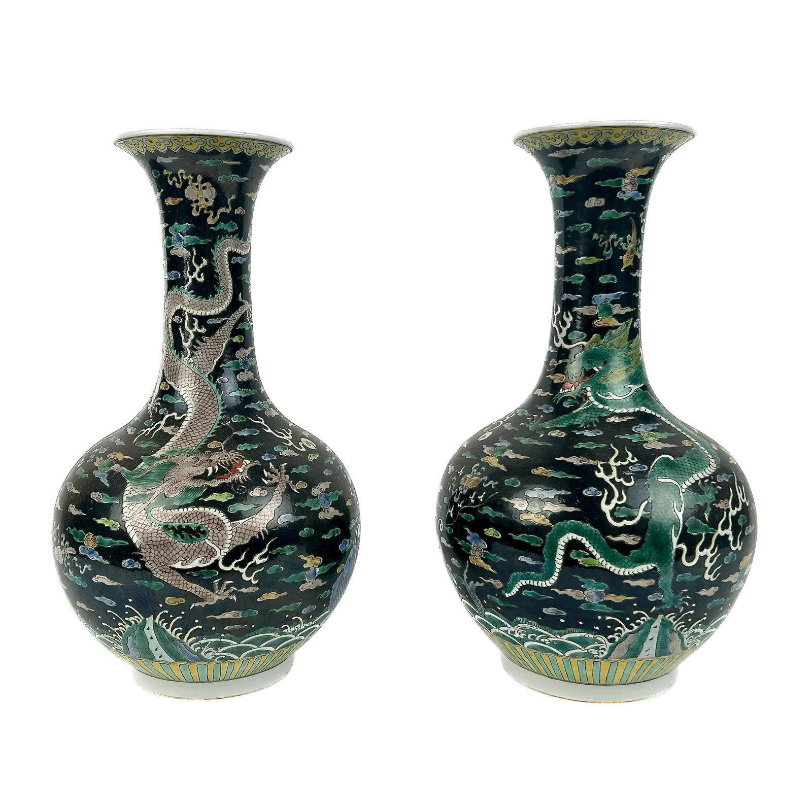 PAIR OF CHINESE FAMILLE NOIRE PORCELAIN BOTTLE VASES 19th Century Heights 14".: PAIR OF CHINESE FAMILLE NOIRE PORCELAIN BOTTLE VASES 19th Century Decoration of two five-clawed dragons chasing a fiery pearl against a cloud-filled black ground. Six-character Yongzheng mark on bases