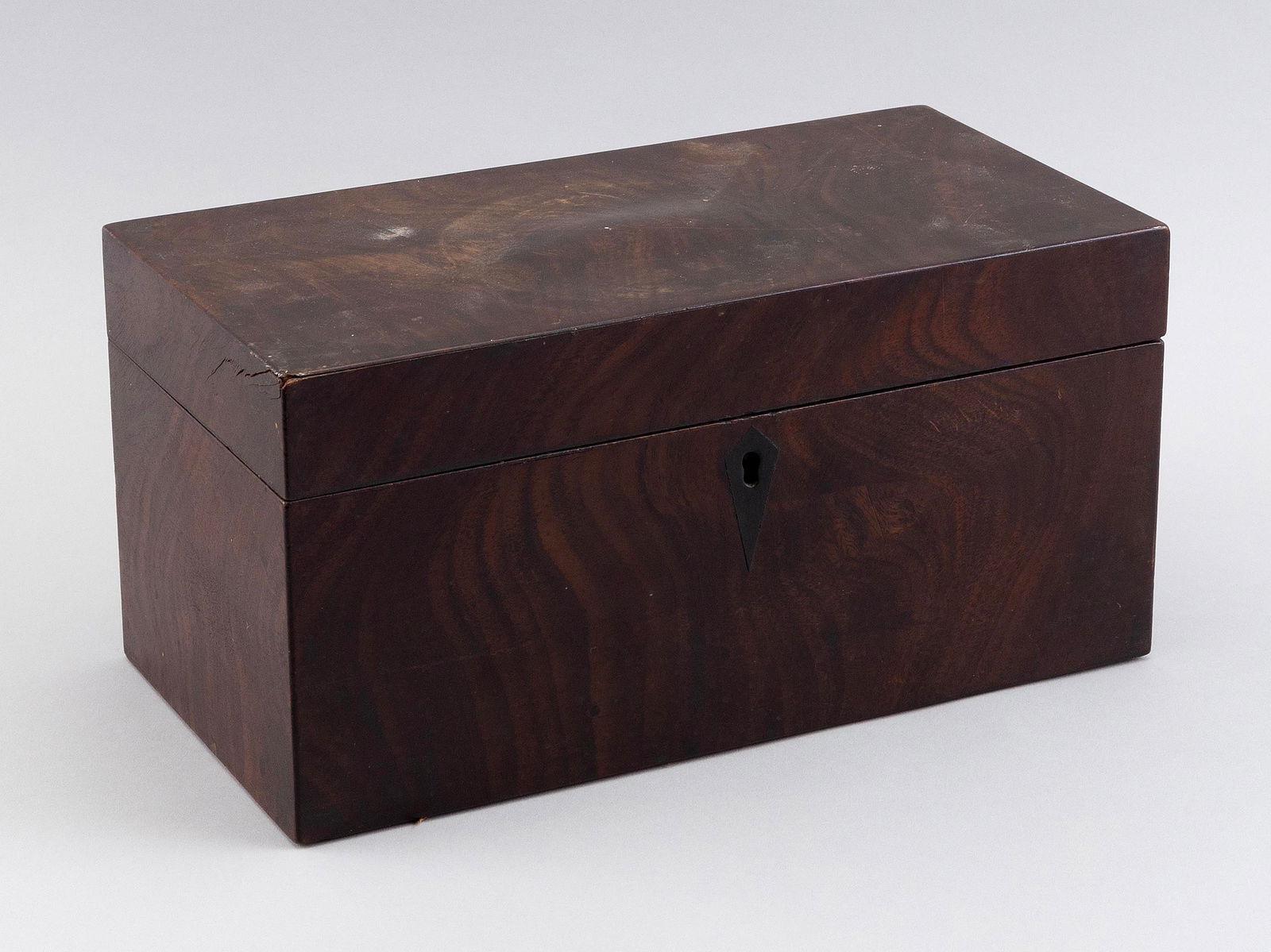 ENGLISH FIGURED MAHOGANY VENEER TEA CADDY 19th Century Height 6". Width 12". Depth 6". (1 of 3)
