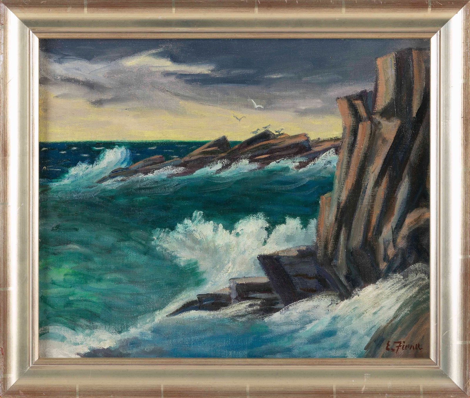 ERNEST FIENE (New York/Germany, 1894-1965), "Stormy Sea, Monhegan Island"., Oil on canvas, 13" x: ERNEST FIENENew York/Germany, 1894-1965"Stormy Sea, Monhegan Island". Signed lower right "E. Fiene". Titled verso.Oil on canvas, 13" x 16". Framed 16" x 19".