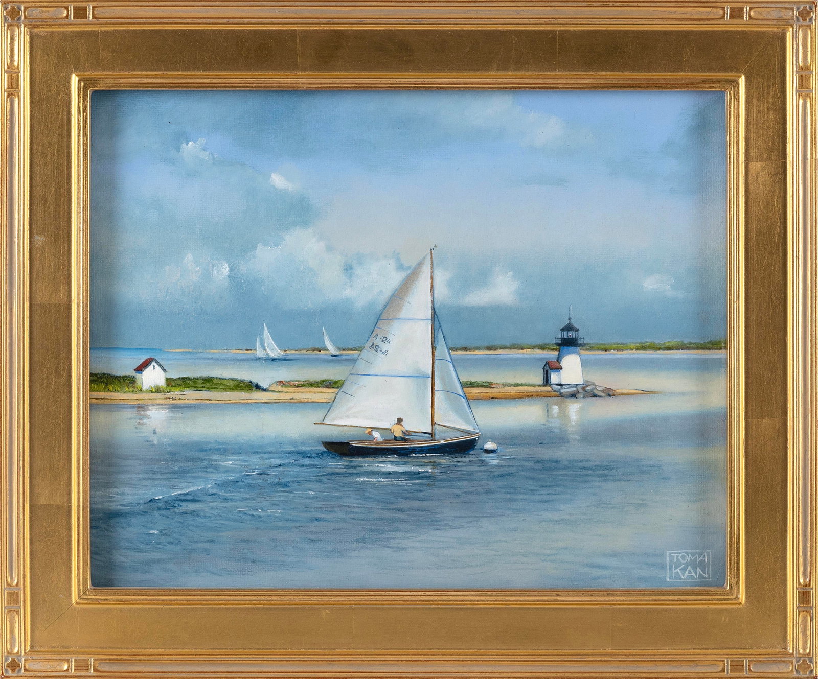 YASEMIN KYRENA TOMAKAN (Connecticut/Massachusetts/Turkey, 1958-), "Preparing for Departure,: YASEMIN KYRENA TOMAKAN Connecticut/Massachusetts/Turkey, 1958- "Preparing for Departure, Nantucket". Signed lower right "Tomakan". Oil on board, 11" x 14". Framed 14.5" x 17.5".