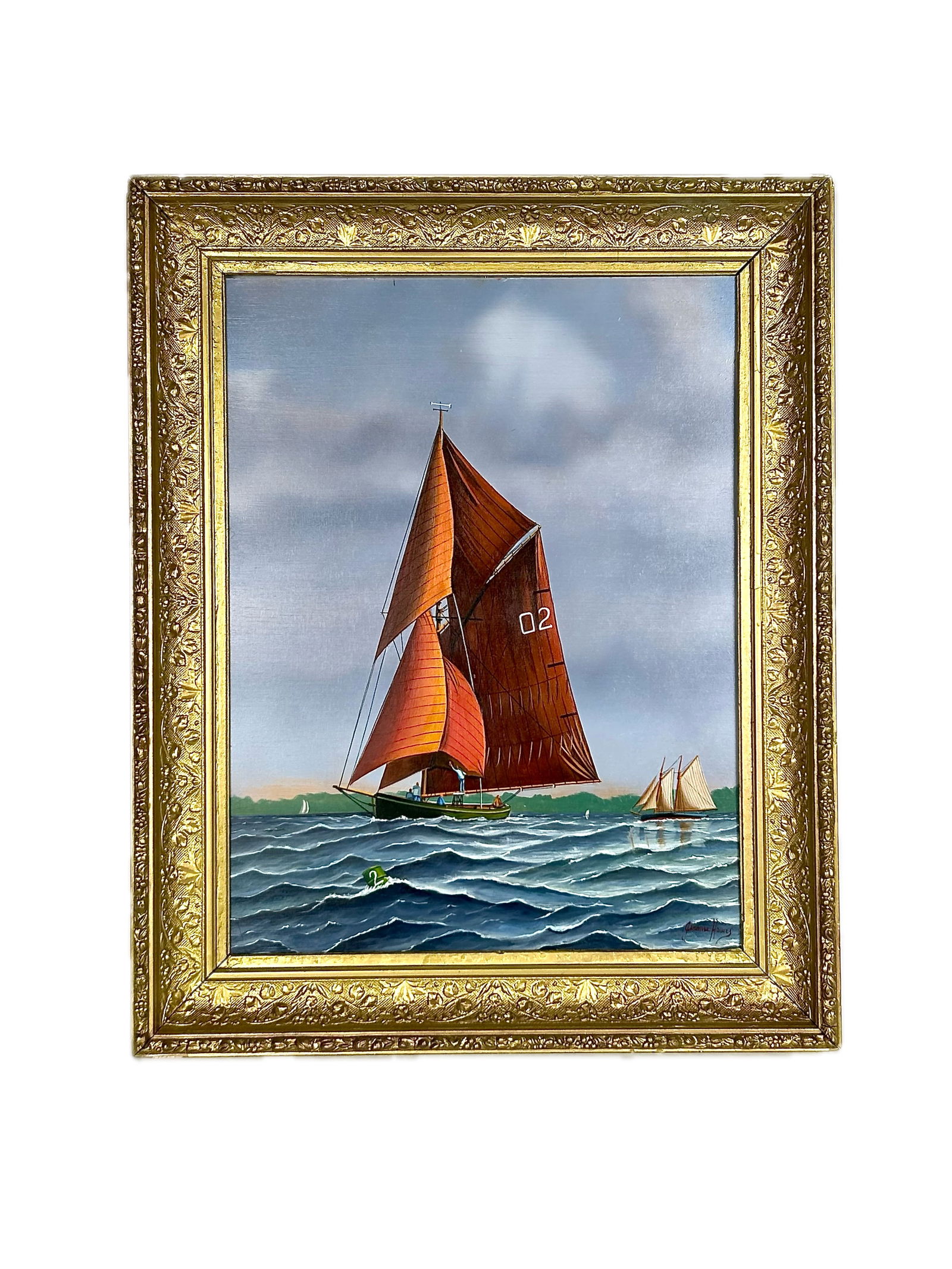 JEROME HOWES (New York/Massachusetts, 1955-), Sailboat with orange sails., Oil on masonite, 24" x: JEROME HOWESNew York/Massachusetts, 1955-Sailboat with orange sails. Signed lower right "Jerome Howes".Oil on masonite, 24" x 18". Framed 29.5" x 24".