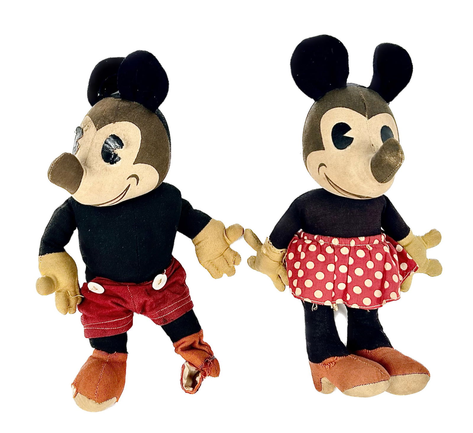 PAIR OF KNICKERBOCKER MICKEY AND MINNIE DOLLS Circa 1930s Heights 11.5". (1 of 2)