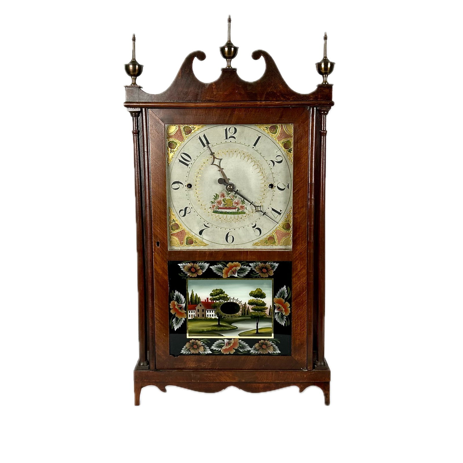 NORRIS NORTH PILLAR & SCROLL SHELF CLOCK Connecticut, Circa 1830 Height 27.75". Width 15.75". Depth (1 of 6)