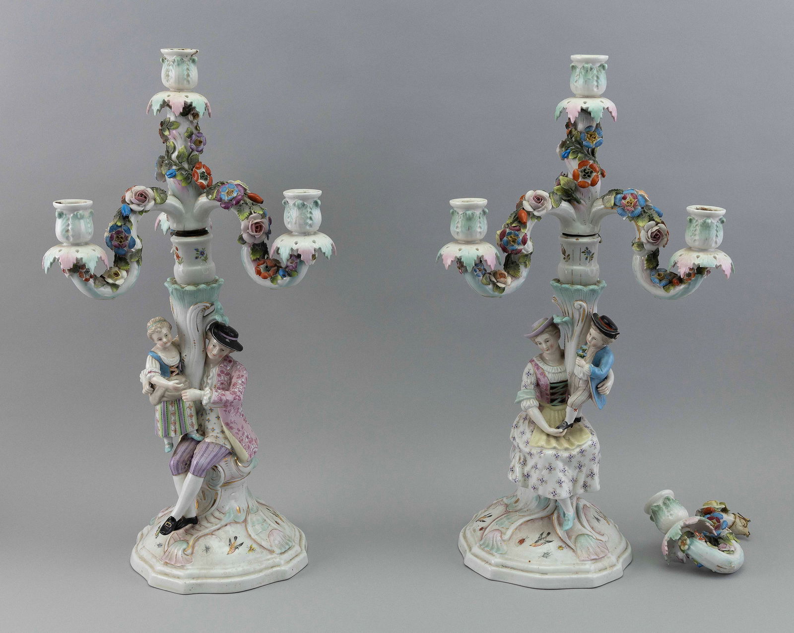 PAIR OF SITZENDORF PORCELAIN CANDELABRA Germany, 19th Century Heights 19.5". (1 of 2)