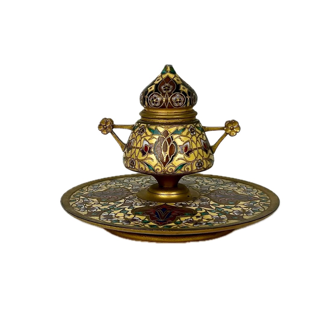 FERDINAND BARBEDIENNE BRONZE AND CHAMPLEVE INKWELL France, 1810-1892 Height 4.5". Diameter 6.25". (1 of 5)