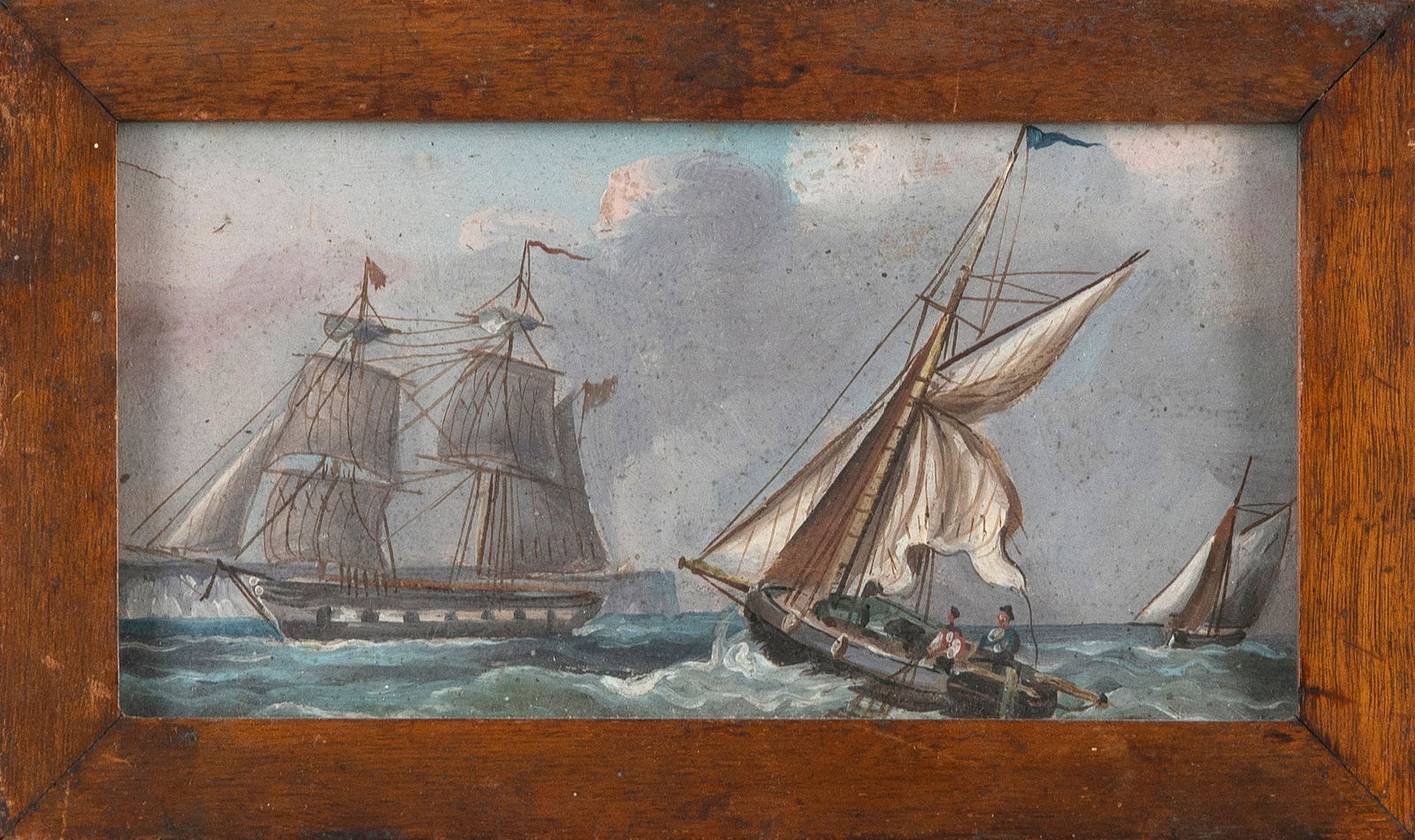 ENGLISH SCHOOL (19th Century,), Sloop and schooner approaching a brigantine off a cliff-lined: ENGLISH SCHOOL19th CenturySloop and schooner approaching a brigantine off a cliff-lined shore. Unsigned.4" x 8" sight. Framed 5.75" x 10". Provenance:Past and Present Antiques, 'Sconset, Nantucket, Ma