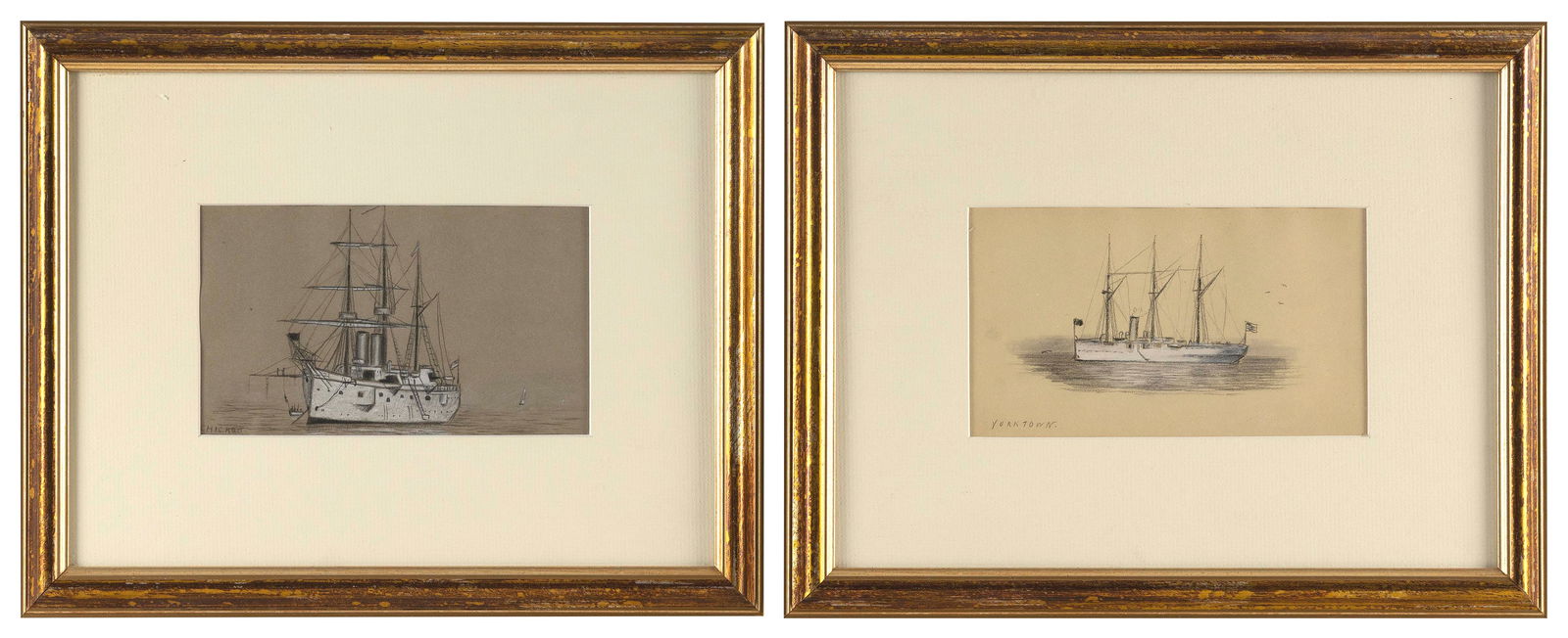 GEORGE ELMER BROWNE (Massachusetts/Connecticut, 1871-1946), Portraits of the ships Chicago and: GEORGE ELMER BROWNEMassachusetts/Connecticut, 1871-1946Portraits of the ships Chicago and Yorktown. Photocopies of Browne’s sketchbook affixed verso.Pencils on paper, 4" x 7" sight. Framed 11" x