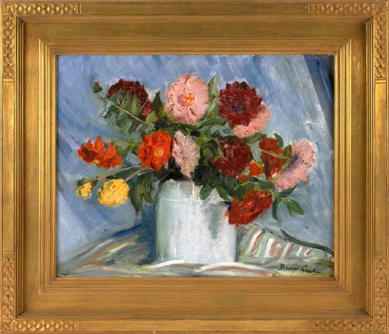BISSIE LASLEY (Massachusetts, 20th Century), Still life of dahlias and zinnias in a vase., Oil on (1 of 2)