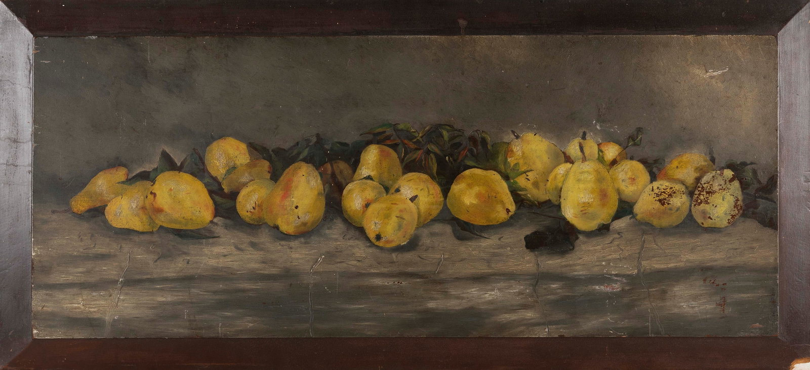 AMERICAN SCHOOL (19th Century,), Still life of pears., Oil on panel, 19.5" x 43". Unframed.: AMERICAN SCHOOL 19th Century Still life of pears. Unsigned. Oil on panel, 19.5" x 43". Unframed.