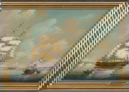 SALVATORE COLACICCO (Italy/England/Canada, 1935-), "Shippin' in a Calm in the Solent"., Oil on: SALVATORE COLACICCOItaly/England/Canada, 1935-"Shippin' in a Calm in the Solent". Signed lower right "Salvatore Colacicco". Titled verso.Oil on artist board, 16" x 24". Framed 19.5" x 27.5".