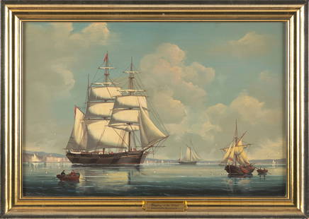 SALVATORE COLACICCO (Italy/England/Canada, 1935-), "Shippin' in a Calm in the Solent"., Oil on: SALVATORE COLACICCOItaly/England/Canada, 1935-"Shippin' in a Calm in the Solent". Signed lower right "Salvatore Colacicco". Titled verso.Oil on artist board, 16" x 24". Framed 19.5" x 27.5".