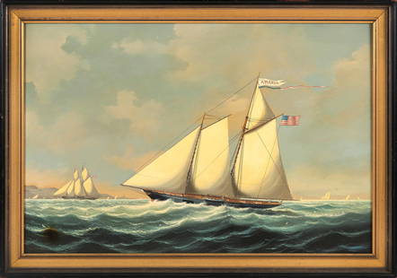 SALVATORE COLACICCO (Italy/England/Canada, 1935-), The racing schooner America with vessels in the: SALVATORE COLACICCOItaly/England/Canada, 1935-The racing schooner America with vessels in the distance. Signed lower left "Salvatore Colacicco".Oil on panel, 20" x 30". Framed 23.5" x 33.5".