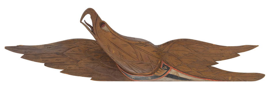 JOHN HALEY BELLAMY (Maine/New Hampshire, 1836-1914), Circa 1872-1900 carved pine spread-wing eagle: JOHN HALEY BELLAMYMaine/New Hampshire, 1836-1914Circa 1872-1900 carved pine spread-wing eagle plaque retaining its original paint. Nicely articulated curved tongue and piercing eye, both painted red,