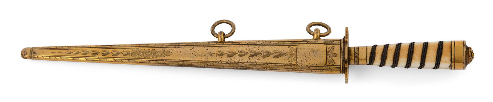 NAVAL DRESS DIRK AND SCABBARD Probably Britain, Circa 1800 Total length 11".: NAVAL DRESS DIRK AND SCABBARDProbably Britain, Circa 1800Gilt metal pommel with lion's mask. Cruciform cross-guard with a Greek key band, acanthus leaves and a crosshatch pattern. Twisted wire-wrapped