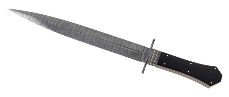 MICHAEL QUESENBERRY FIXED-BLADE DAGGER California, Contemporary Length 15.5".: MICHAEL QUESENBERRY FIXED-BLADE DAGGER California, Contemporary Coffin handle with blackwood grips, gold rivets and a gold-lined damascened tang. Ribbed damascened top bolster with inlaid gold.