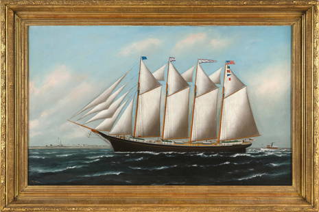 SOLON FRANCIS MONTECELLO BADGER (Massachusetts, 1873-1919), Portrait of the four-masted schooner: SOLON FRANCIS MONTECELLO BADGER Massachusetts, 1873-1919 Portrait of the four-masted schooner William H. Yerkes approaching the coast under full sail, flying a U.S. ensign off the foremast, a "D. &