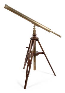 PRESENTATION GALL & LEMBKE BRASS TWO-DRAW FLOOR-STANDING TELESCOPE WITH CRANK TRIPOD New York, 19th: PRESENTATION GALL & LEMBKE BRASS TWO-DRAW FLOOR-STANDING TELESCOPE WITH CRANK TRIPOD New York, 19th Century Engraved on side of tube "Presented to R.A.C. Smith Esq. By His Guests on the 'Privateer'