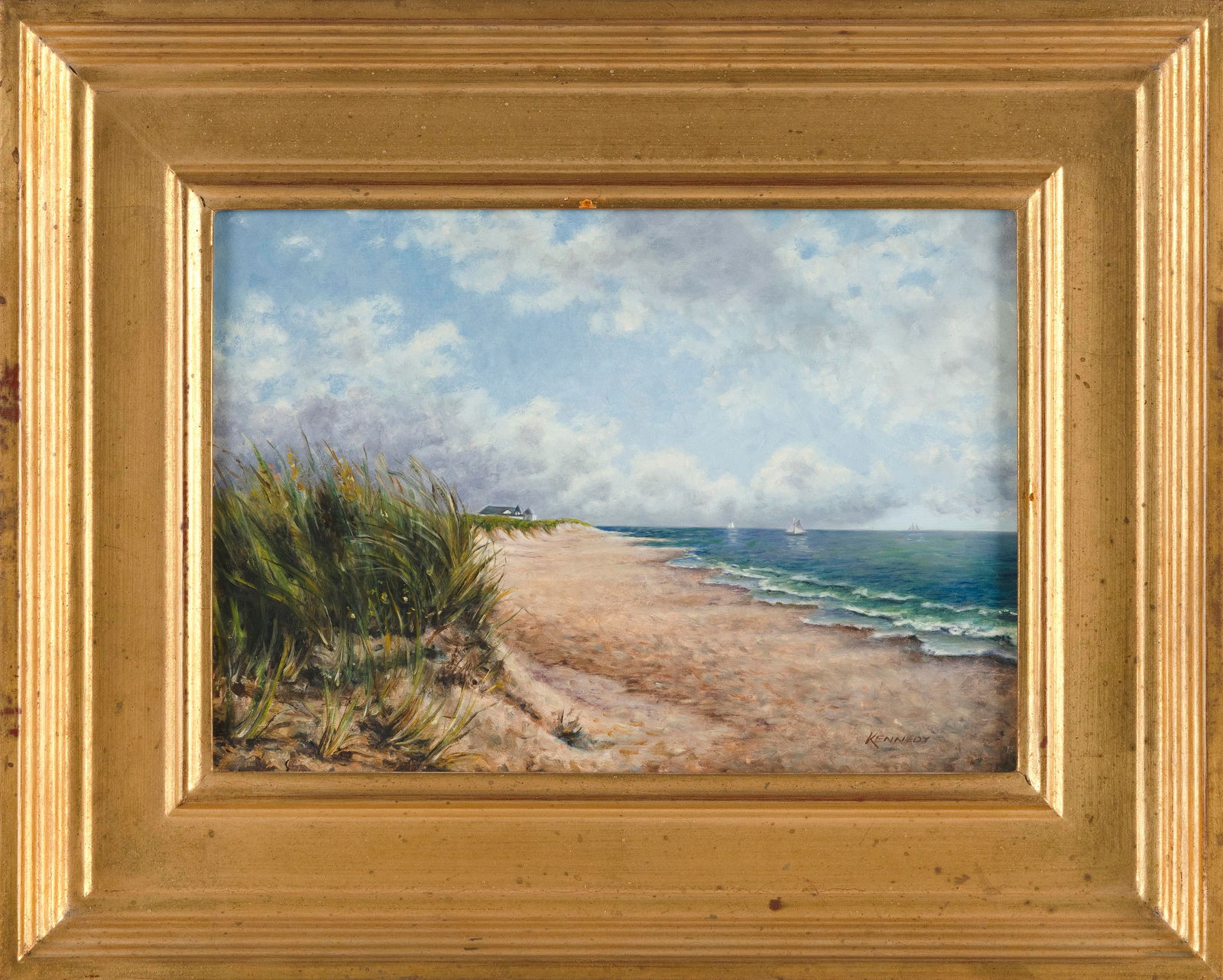 KATHLEEN KENNEDY (America, 20th Century), Shoreline with distant house and sailboats., Oil on (1 of 2)