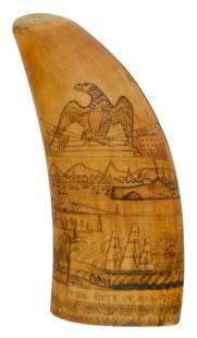 POLYCHROME SCRIMSHAW WHALEíS TOOTH DEPICTING "THE CITY OF SALONICA" 19th Century Length 5.75".: POLYCHROME SCRIMSHAW WHALEíS TOOTH DEPICTING "THE CITY OF SALONICA" 19th Century Obverse with a finely rendered image of the city's waterfront surmounted by an American eagle with a Liberty