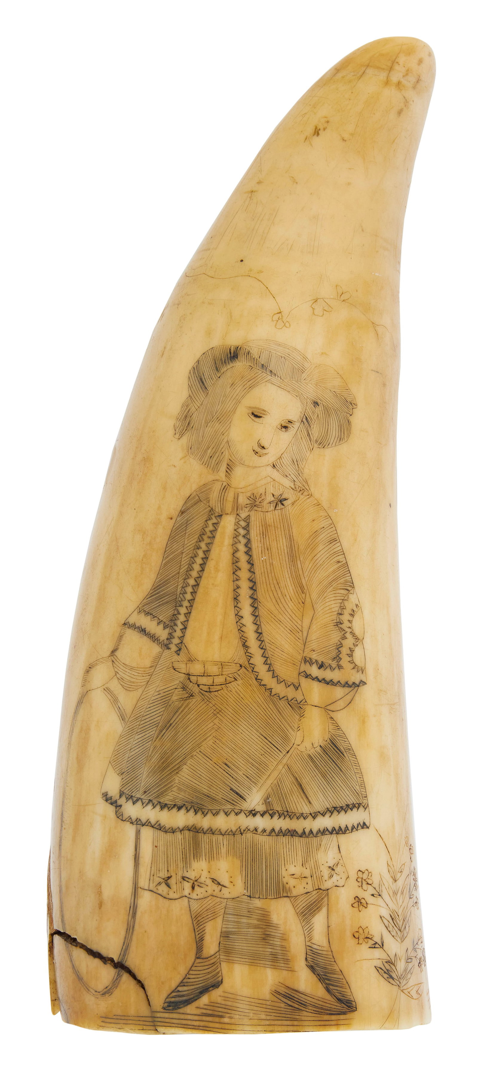 SCRIMSHAW WHALE'S TOOTH DEPICTING A YOUNG GIRL 19th Century Length 5.75".: SCRIMSHAW WHALE'S TOOTH DEPICTING A YOUNG GIRL 19th Century Finely wrought full-length portrait of a girl with a hoop and rolling stick. Flowering plant at her feet with some traces of polychroming. L