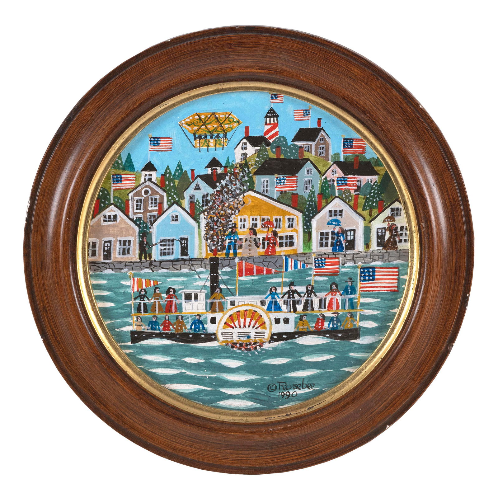 ROSEBEE (CECELIA SURDUT) (Massachusetts, 1932-2016), Paddlewheeler., Oil on board, diameter 8". (1 of 2)